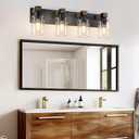 Farmhouse Bathroom Vanity Light Fixtures, Rustic 4-Light Wood Vanity Lights for Bathroom, Vintage Black Wall Sconces Lighting, Light fixtures Over Mirror, with Glass Shade