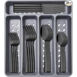 21Piece Modern Black Silverware Set with Organizer Tray Stainless Steel Eating Utensil Sets Kitchen Knives Forks and Spoons Cutlery Set Heavy Duty Tableware Flatware Sets for 4, Dishwasher Safe.tray is broken