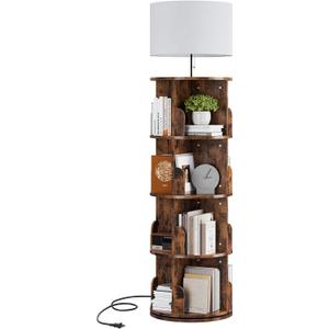 4 Tier Rotating Bookshelf with Light, 360 Spinning Bookcase Tower, Vertical Floor Standing Revolving Bookshelf Organizer for Small Spaces, Corner, Living Room, Bedroom, Rustic Brown