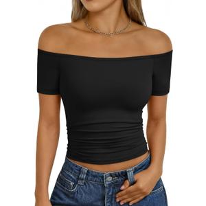 Trendy Queen Summer Off The Shoulder Tops for Women Going Out Short Sleeve Shirts Cute Y2K Sexy Basic Clothes 2026 Fashion (L)
