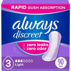 Always Discreet Adult Incontinence Pads for Women, Light Absorbency, Regular Length, Postpartum Pads, 30 Count (3 Packs of 30)
