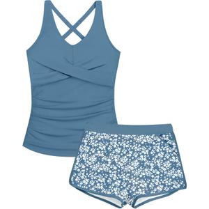 Girls Tankini Swimsuits 2 Piece Criss Cross Ruched Swimwear Printed Swim Shorts Girl Bathing Suit for 9-16 Years (Blue+floral Print)