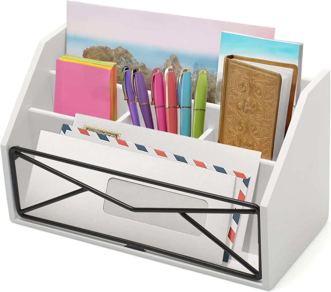 Prosumer's Choice Bamboo Desk Organizer  White Powder-Coated Natural Bamboo Mail Organizer for Countertop - Wooden Desktop Organizer for Mail, Files, Letters, and Tabletop Storage
