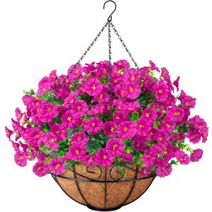 Ouddy Decor Artificial Hanging Plants Flowers Basket for Spring Summer Outdoor Decor, Fake Hanging Flowers Faux Silk Morning Glory UV Resistant for Patio Yard Porch Garden Home Decorations, Fuchsia