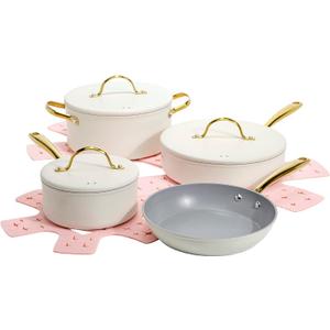 Paris Hilton Iconic Nonstick Pots and Pans Set, Multi-layer Nonstick Coating, Matching Lids With Gold Handles, Made without PFOA, Dishwasher Safe Cookware Set, 10-Piece, Cream