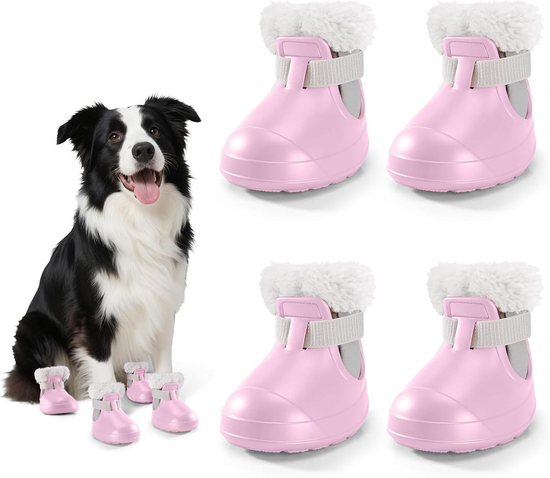 Dog Shoes for Small Medium Large Dogs, Winter Dog Snow Boots & Paw Protectors Waterproof for Cold Weather & Hard Floors, Adjustable Anti-Slip Dog Booties with Removable Wool Liner (Pink, Size 5)