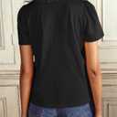 Floral Find Womens Short Sleeve Button Down Tops Casual Summer V-Neck Lace Trim Blouse Cute Tee, Black, X-Large (Black, XL)