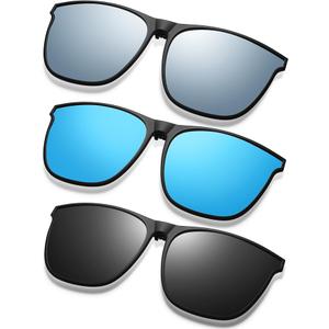 Frienda 3 Pair Oversize Clip-on Sunglasses Large TR90 Frame Flip up Driving Glasses for Women Men,  Black Gray, Blue, Silver