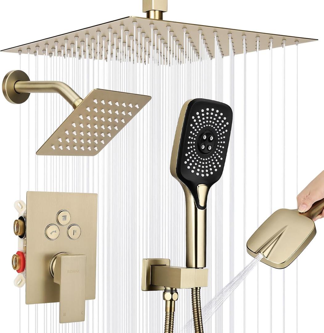 Shower Faucet Set Rainfall Shower System Push Button Diverter Shower Faucet with 4 in 1 Handheld, Ceiling Mount 12 Inch Shower Head and 6 Inch Wall Mount Shower Head (Brushed Gold)