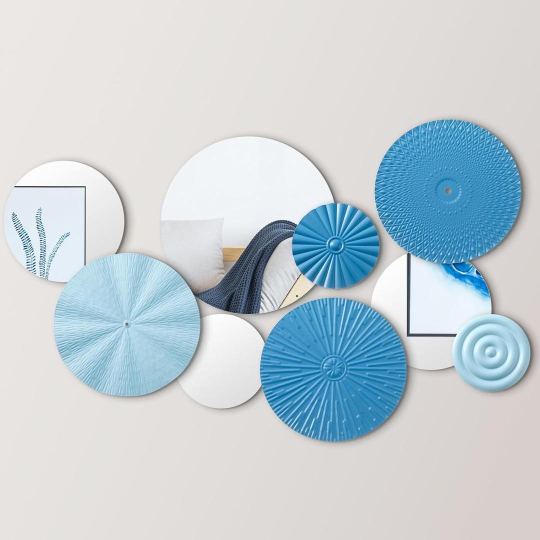 Blulu 9 Pcs Blue Mirror Wall Decor Metal Round Home Art Decor Decorative Modern Circle Mirror Wall Art Sculpture Hanging Decorations for Home Living Room Office