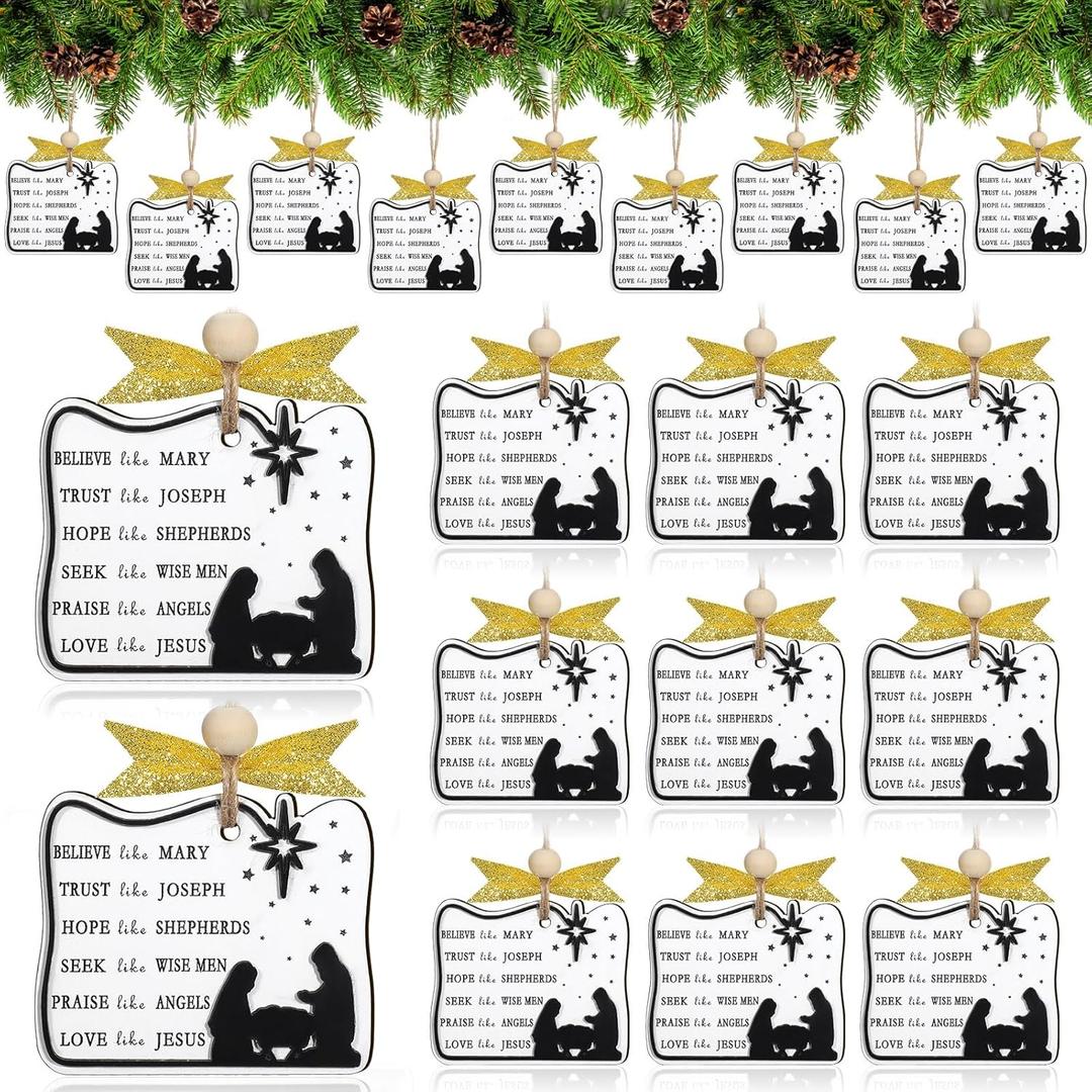 24 Pcs Nativity Christmas Ornaments Bulk Wooden Christian Hanging Ornaments Believe Like Mary Jesus Christian Christmas Decor for Home Religious Xmas Church Decor Gifts
