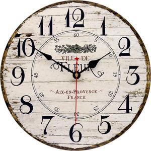 14 Inch Retro Vintage French Country Style Round Wooden Wall Clock Silent Battery Operated Non-Ticking Decorative Clock for Office Farmhouse Bedroom
