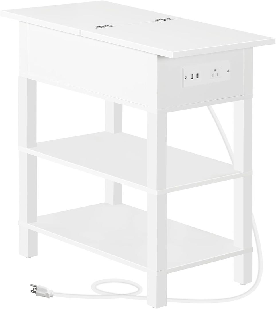 HOOBRO End Table with Charging Station, Flip Top Side Table with USB Ports, Narrow Nightstand Bedside Tables with Storage Shelves, for Small Space, Living Room, White WT141UBZ01