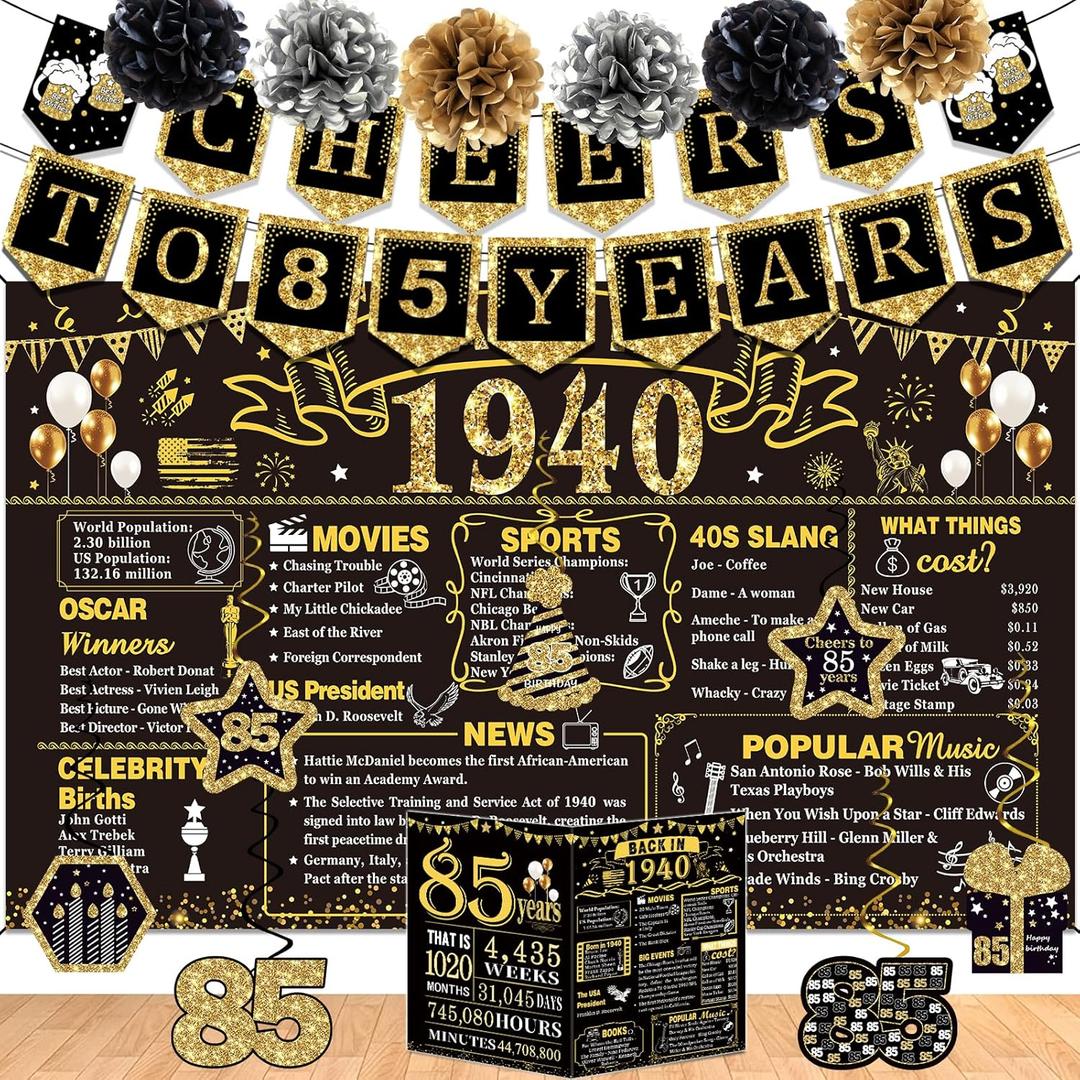 85th Birthday Decorations for Men Women,16PCS Back in 1940 Party Banner Decorations,Including Vintage 1940 Backdrop,Cheers to 85 Years Banner,7 Hanging Swirl,1940 Poster Anniversary Card,6 Paper Poms