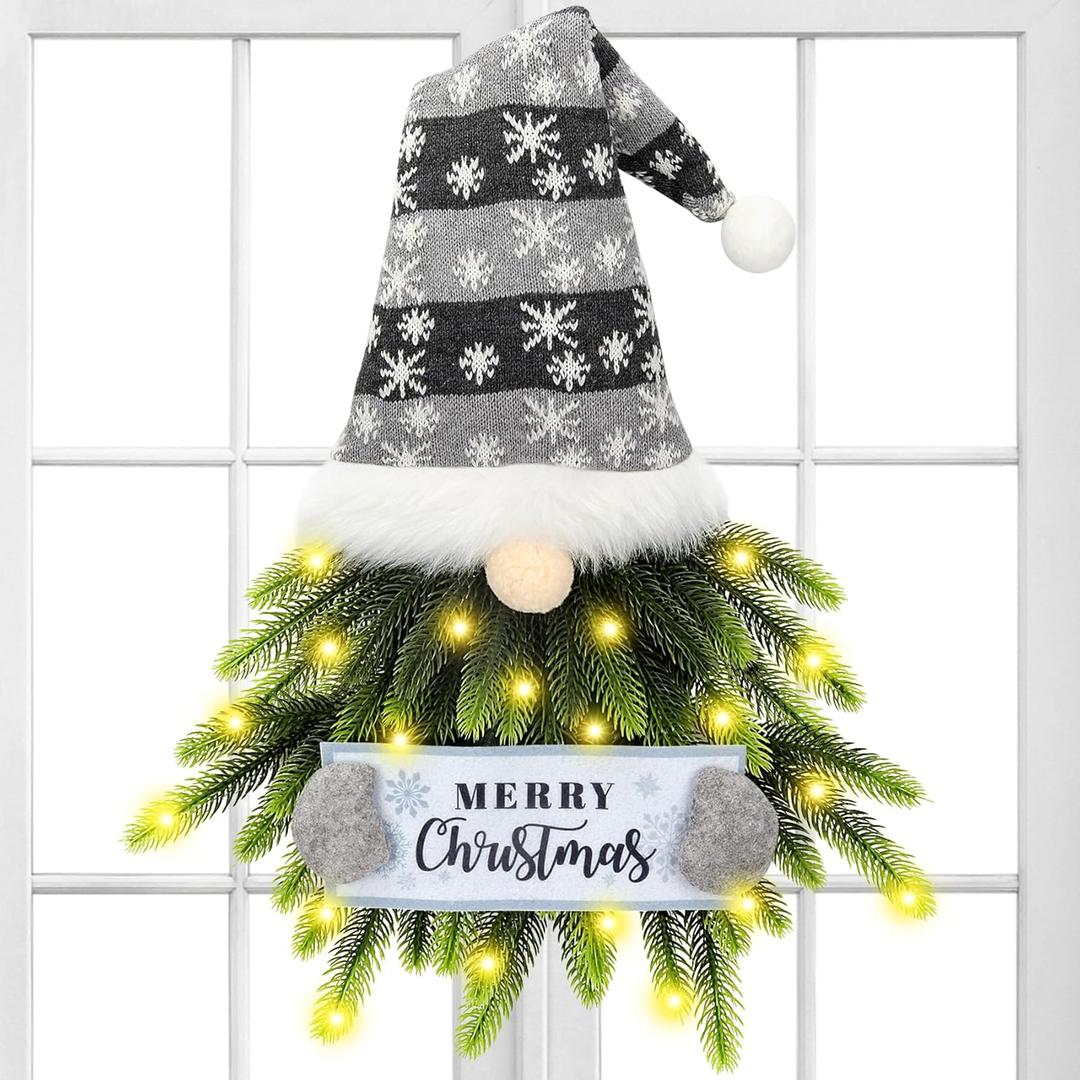 Lighted Gnome Christmas Wreath for Front Door - Artificial Santa Xmas Hanging Sign for Window Wall Decorations - Farmhouse Home Decor (Silver)