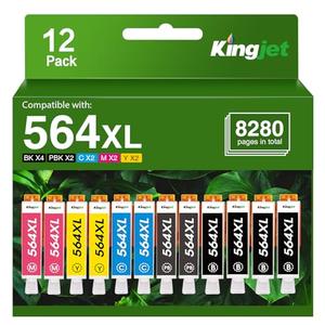 Kingjet Compatible 12 Pack 564XL Ink Cartridges for HP Printers Replacement for HP 564 Ink Cartridges 564 XL Work with HP Photosmart 7520 6520 5520 7525 DeskJet 3520 3522 Printer,(4BK/2PGBK/2C/2Y/2M)
