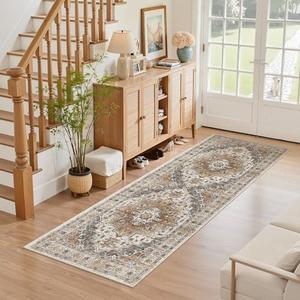 Madane Washable Runner Rug - 2x6 Rug Runners for Hallways 6 Feet Non Slip Vintage Kitchen Runner Rug Ultra-Thin Bathroom Runner Rugs Carpet Laundry Room Bedroom (2x6ft, Turmeric/Grey)