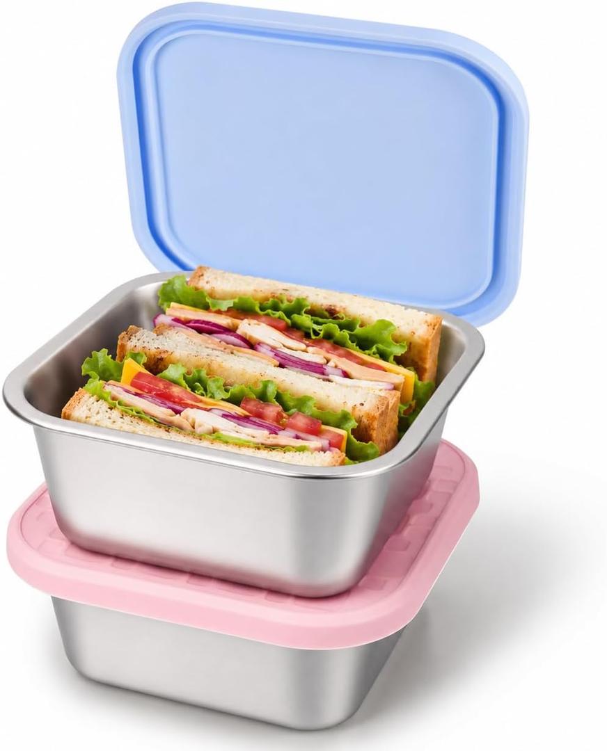 2 Pack Stainless Steel Sandwich Containers with Leakproof Silicone Lids, 32 oz Reusable Metal Lunch Boxes, BPA-Free Food Storage Containers for Meal Prep, Dishwasher Safe for Work & Travel