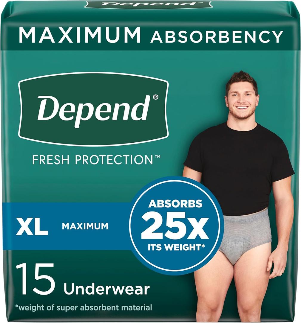 Depend Fresh Protection Adult Incontinence Underwear for Men, Disposable, Maximum, Extra-Large, Grey, 15 Count, Packaging May Vary