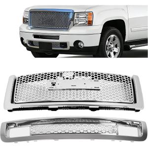 ALMULOO Front Grill Compatible with 2007-2013 GMC Sierra 1500 New Body Style Models Only Upper & Lower Bumper Grille Chrome Silvery