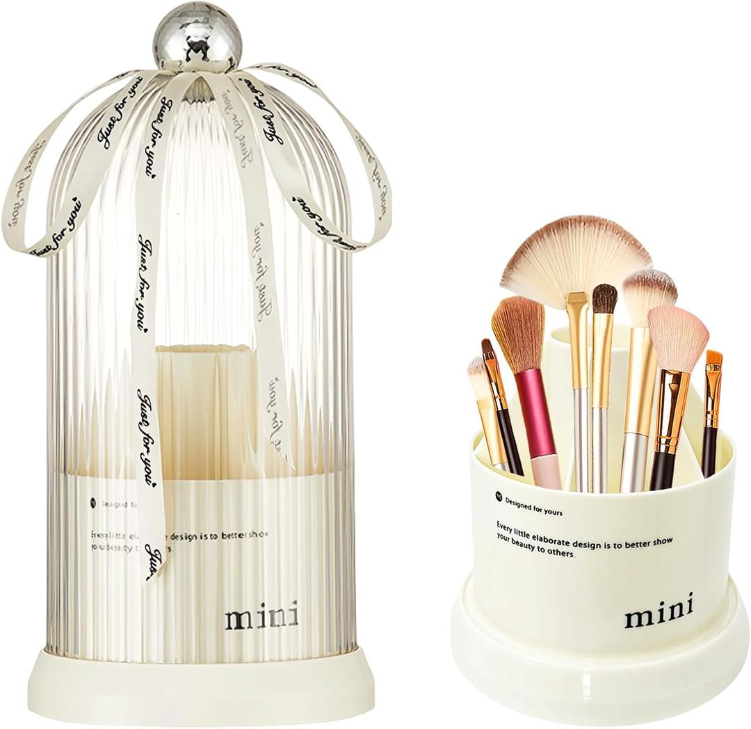 Makeup Brush Holder with Lid, 360 Rotating Multifunction Clear Dustproof Skincare Cosmetic Tools Storage Organizer for Vanity Desktop Bathroom Countertop (White)