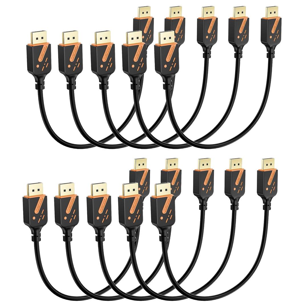 DisplayPort 1.2 Cable, 1FT, 10-Pack, 4K@60Hz, 2K@165Hz | Gold-plated connectors deliver reliable 4K performance. Supports 3D and HDR. Great for gaming, PC, TV, and monitors.
