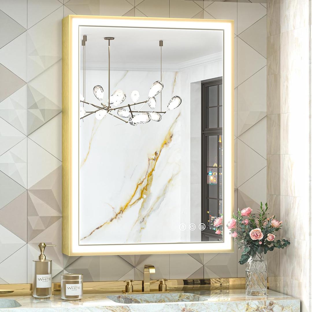 TokeShimi 24 x 32 Inch LED Gold Bathroom Vanity Mirror with Lights with 45 Angled Beveled Light, 3 Colors, Anti-Fog,Aluminum Alloy Matte Frame, Memory Funtion Stepless Dimmable for Modern Decor