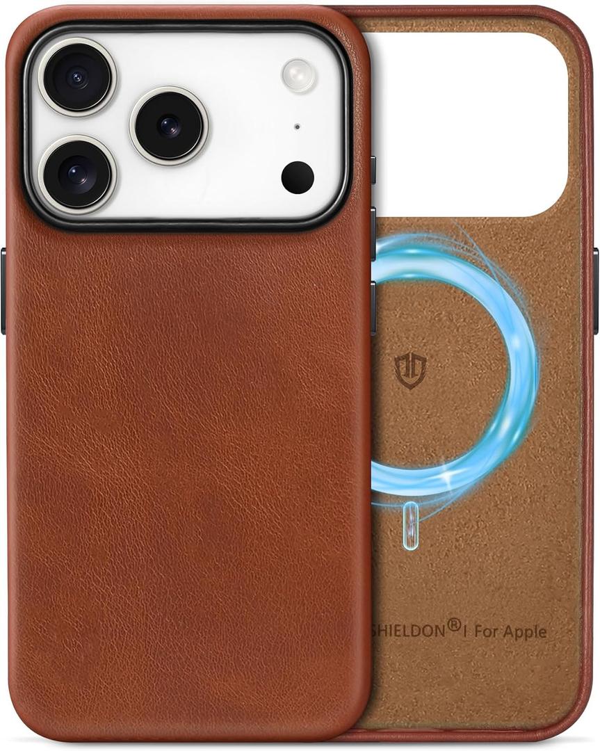SHIELDON Genuine Leather Case for iPhone 17 Pro 6.3" 2025, Compatible with Magsafe, Magnetic Wireless Charging, Anti-Scratch, Shockproof Protective Cover - Retro Brown