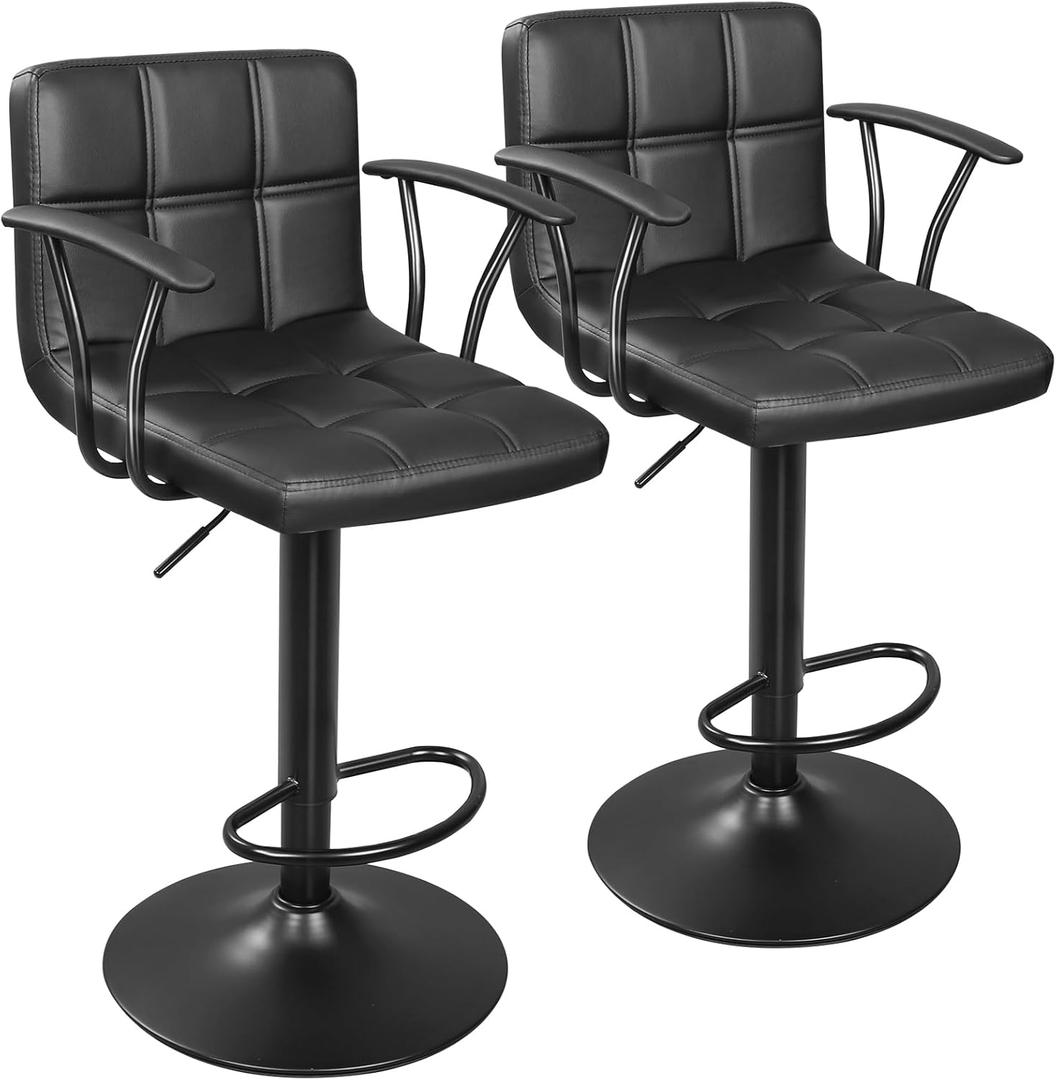 ERGOSEAT Bar Stools Set of 2, Armrest Adjustable Swivel Barstools with Back, Double Needle PU Leather Counter Height Chairs for Kitchen lsland (Black)