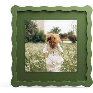8x8 Picture Frame with Mat for 6x6, Wavy Edge Wooden Real Glass Photo Frame for Tabletop and Wall Hanging, Green, 1 Pack