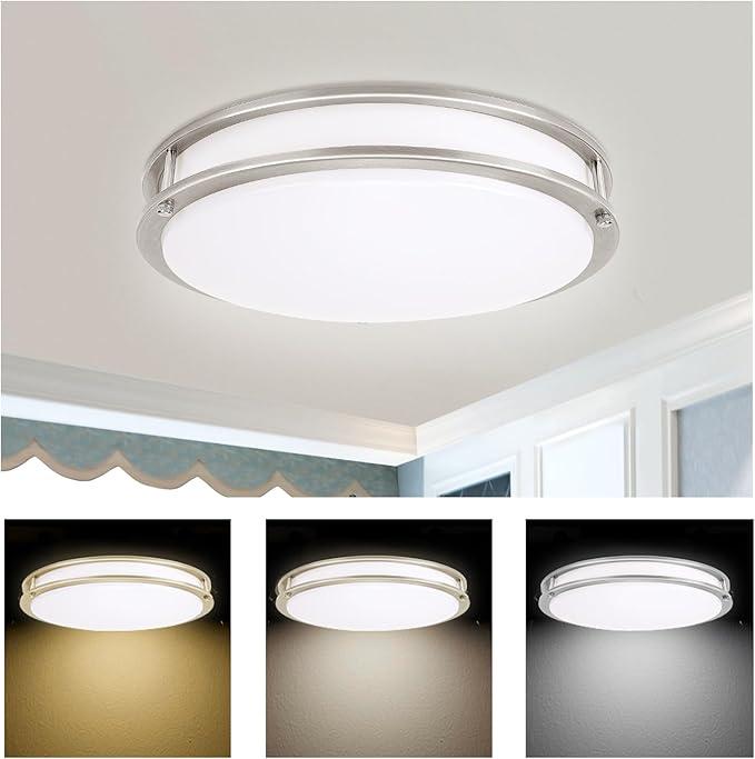 Energetic 14 Inch LED Flush Mount Ceiling Light Fixture, 3000K/4000K/5000K Color Adjustbale, Dimmable Ceiling Light for Bedroom, Kitchen, Bathroom, Study, 24W, 1560LM, Nickel, ETL Listed, 1 Pack