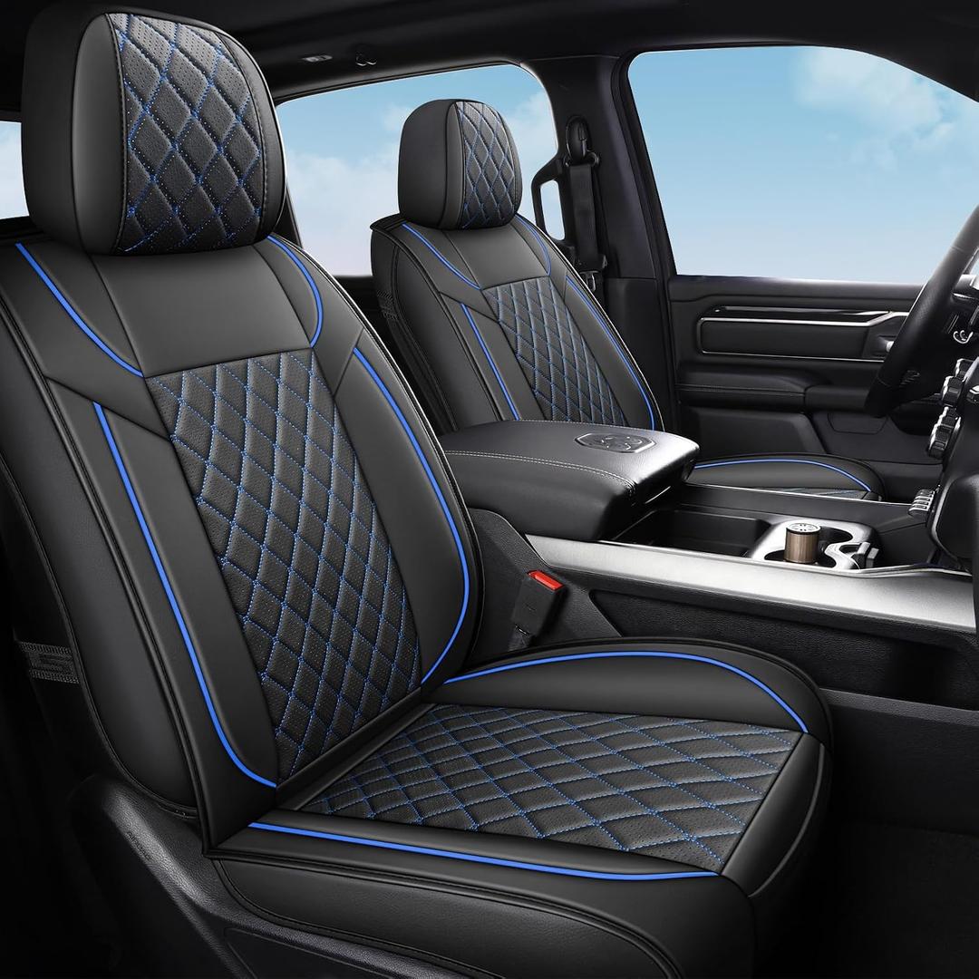 FREESOO Seat Covers for Dodge Ram 2026 2025 2024 2023 2022 2021 2020 2019 1500 Crew Cab, Leather Seat Cover Big Horn Lone Star Rebel, Black Blue