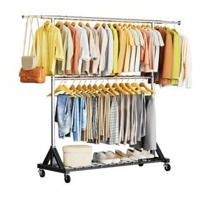 Luxspire Heavy Duty Clothes Rack Load 600 LBS, Double Rod Clothing Rack, Rolling Garment Racks with Lockable Wheels, Shelves, Adjustable Laundry Hanging Racks for Clothes