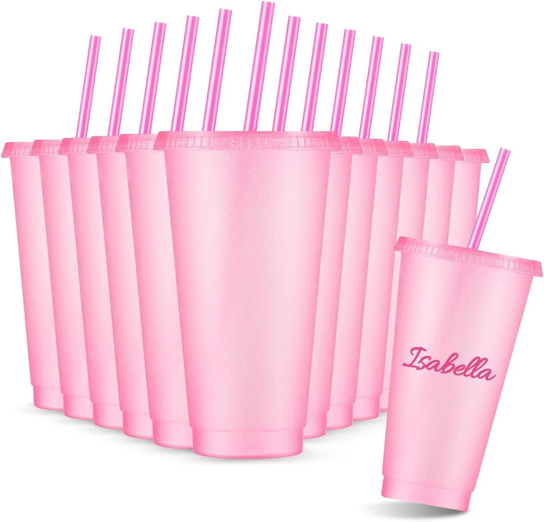 Amyhill 12 Pcs Reusable Glitter Cups with Lids and Straws 24 oz Plastic Tumbler Iced Coffee Cup Travel Mug for Smoothie Juice Sleepover Wedding Graduation Party Supplies Girl(Light Pink)