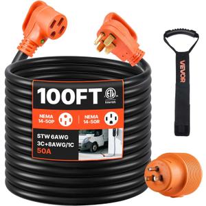 VEVOR 100 FT RV Extension Cord, 50 Amp, 125V 7500W Heavy Duty STW 6/3 + 8/1 Gauge Wire, NEMA 14-50P Male NEMA 14-50R Female Plug, with LED Indicator, Handle, 15A Adapter, for RV Trailer, ETL Listed