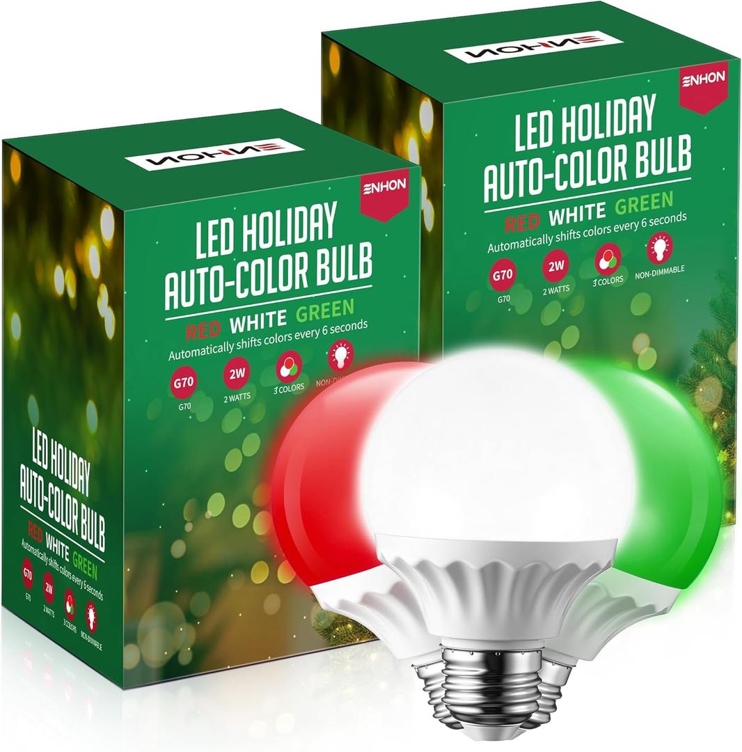 Enhon 2W LED Globe Bulb, Automatic Color Changing Red/Green/White Every 6s, G70 E26 Base, Energy-Saving Decorative Light for Christmas, Holiday Party, Porch, Indoor & Outdoor Decor (2 Pack)