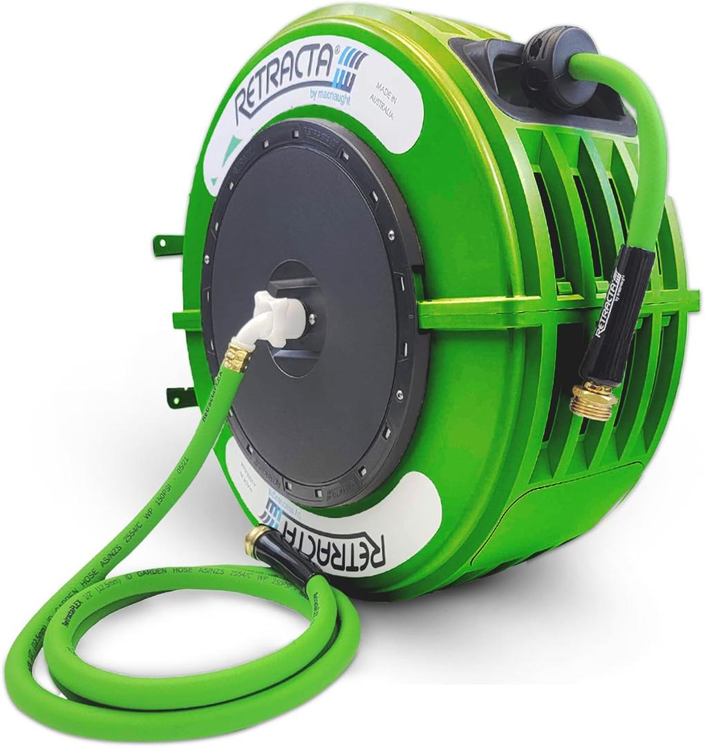 Macnaught Retractable Garden Hose Reel, 60 Ft Water Hose Reel Heavy Duty Retractable Hose with Metal 180 Swivel Rotation Bracket for Wall Mount - Green