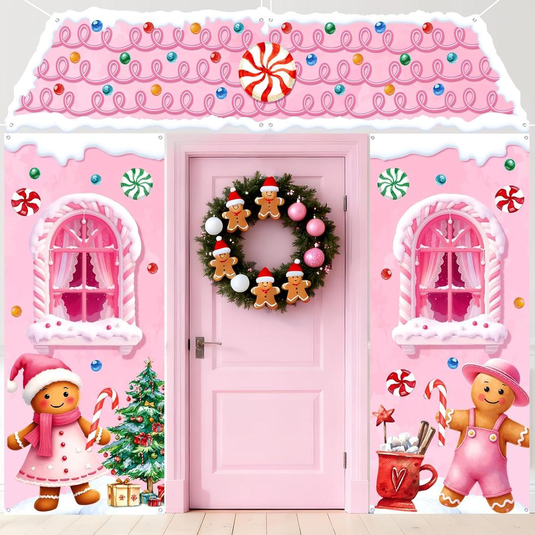 4Pcs Pink Gingerbread House Door Banner Decorations Christmas Gingerbread Man Front Door Banner Cute Peppermint Candy Cane Backdrop Porch Sign for Classroom Office Home Garage Winter Holiday Decor