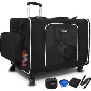Petskd Extra Large Cat Carrier with Wheels and Litter Box 24"x17"x17" for Large Cat or 2 Small Cats, Collapsible Soft Sided Pet Carrier for Car Travel with Lockable Safety Zippers(Black)