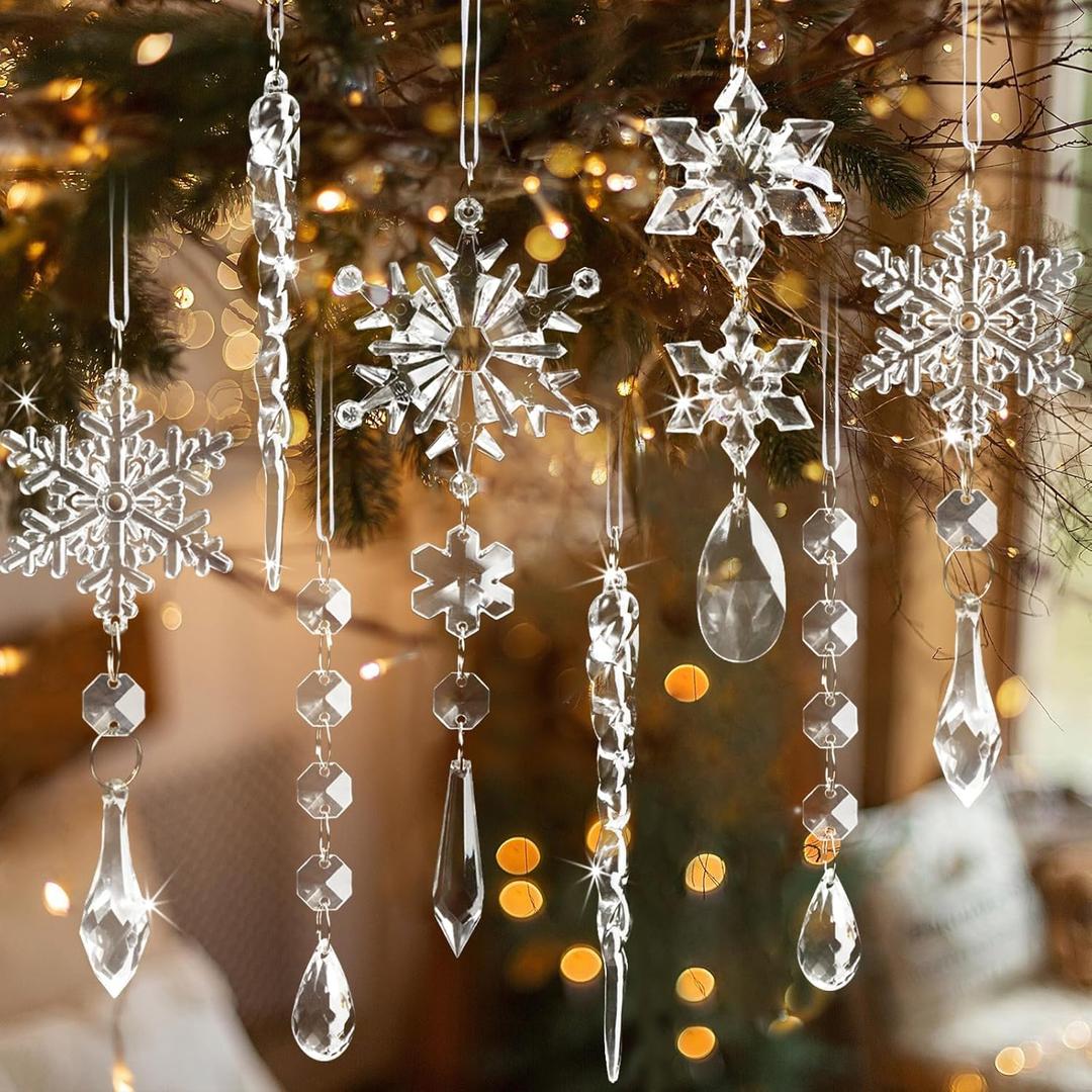 2 x 18pcs Crystal Christmas Ornaments for Tree Decorations-Hanging Acrylic Snowflake Icicle Ornaments with Drop Pendants for Winter Wonderland Chandelier Crystals Decorations Supplies