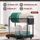 Sakugi 2-Tier Dish Drying Rack - Stainless Steel Dish Rack with Cutlery & Utensil Holders for Kitchen Counter, Sink Organization and Storage for Small Family, 15" W x 11.4" L x 15" H, Black, Large