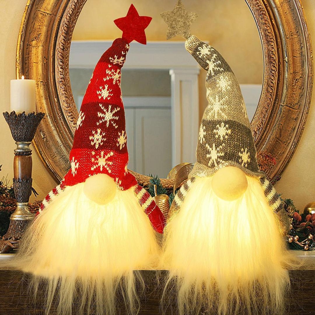Juegoal 15" Lighted Christmas Gnome, Handmade Plush Scandinavian Swedish Tomte, Light Up Elf Toy Holiday Present, Battery Operated Winter Tabletop Christmas Decorations, 2 Set