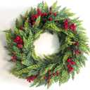 24 inch Christmas Wreaths for Front Door, Artificial Winter Wreath with Red Balls, Faux Pine Green Wreath for Home, Holiday, Fireplace, Mantle, Wall, Windows, Xmas, Outdoor Decoration