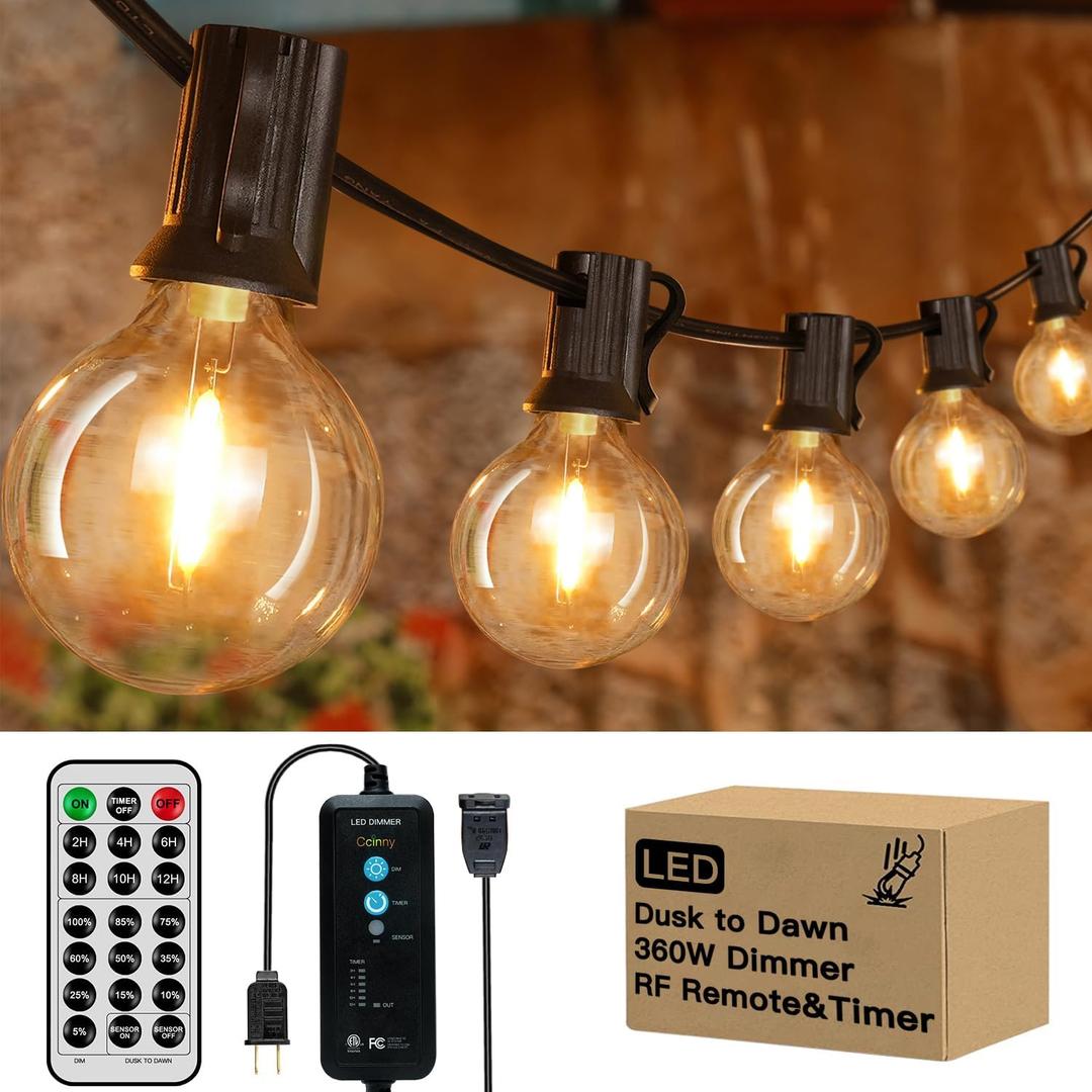 26FT 14 G40 LED Outdoor String Lights Waterproof with Dusk to Dawn,Dimmable Patio Lights for Outside with Wireless Remote, Shatterproof Bulbs(1 Spare) String Lights with Timer for Backyard
