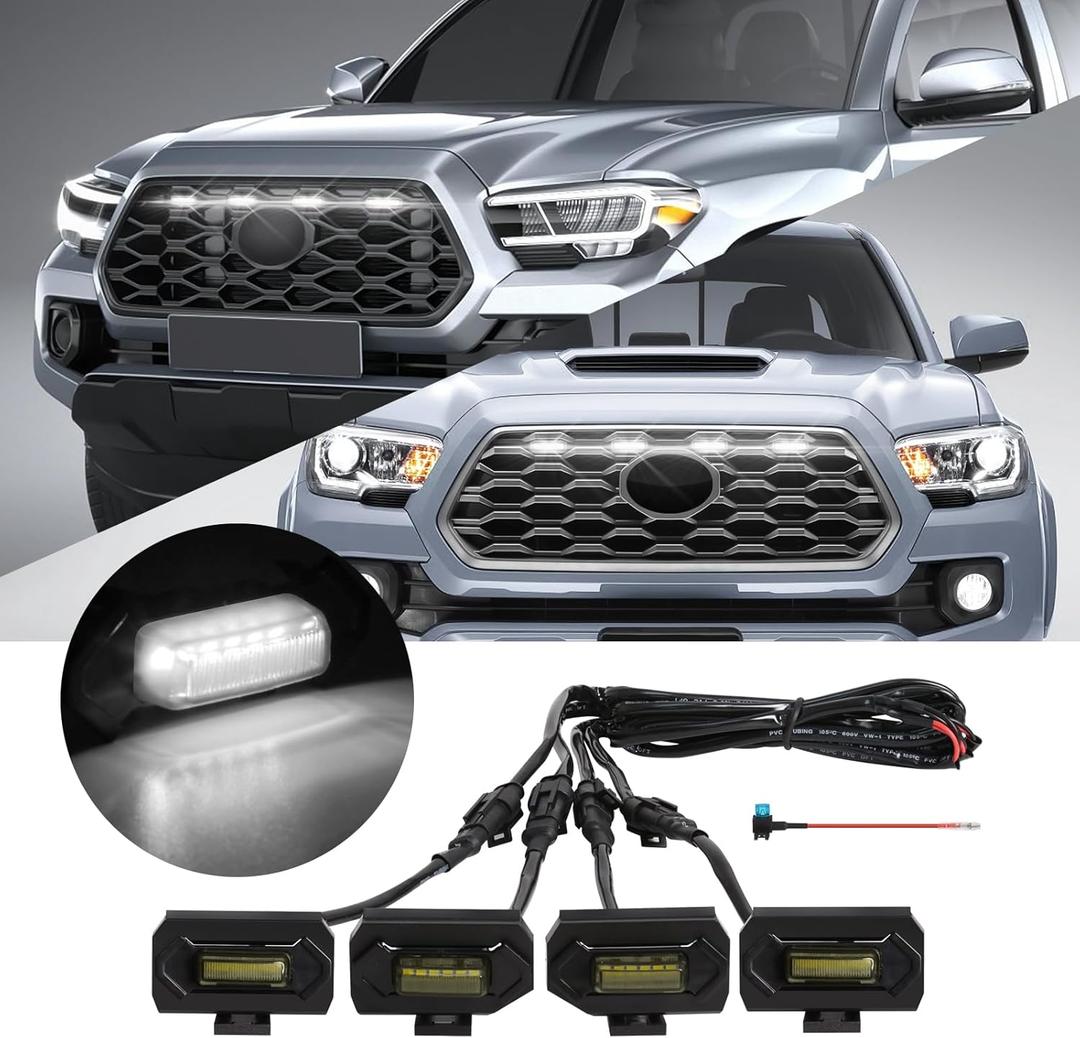 4 Pcs Grille Lights Compatible with Toyota Tacoma 2020 2021 2022 2023 TRD Off Road and Sport Models, OEM Style LED Front Grill Lights for Tacoma Accessories with Fuse & Harness (White) (White Light Black Shell)