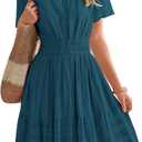 BTFBM Womens Spring 2026 Casual Mini Dresses Lightweight Short Sleeve V Neck Elastic Waist Cute Boho Beach Dress Pockets (XX-Large, Lake Blue)