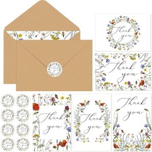 50 Sets Wildflower Thank You Cards with Envelopes Bulk 7.87 x 5.91 Inches, Employee Appreciation Card Floral Blank Greeting Cards Notes with Stickers Set and for Baby Shower Wedding Bridal Shower