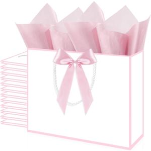 Xihaian 12 Pack Gift Bags with Handles & Tissue Paper, 12.6 X 9.8 X 4.3 In Medium White Pink Thank You Bags with Bow Ribbon for Wedding, Birthday, Mother's Day, Bridesmaid, Groomsmen & Party Favors