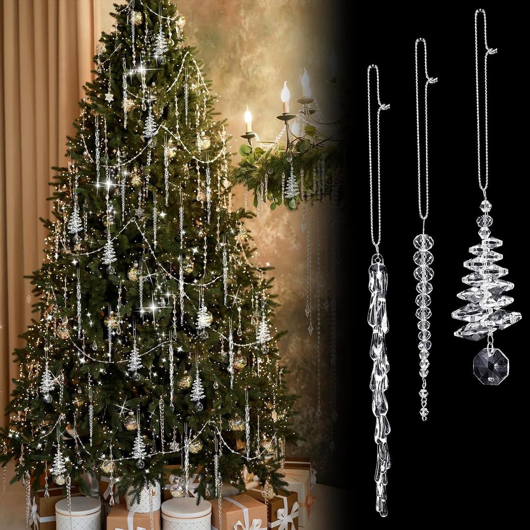 Soulchen 24 Pcs Crystal Icicle Christmas Tree Ornaments 3 Styles Christmas Icicles Drop Clear Plastic Chandelier Pendants Crystal Hanging Decoration for Xmas Tree Winter Wedding Holiday