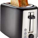 Amazon Basics 2 Slice Toaster, Extra Wide Slots for Bagels, 6 Browning Settings, Removable Crumb Tray, Defrost/Cancel/Bagel Buttons, Cord Wrap, 900W, Black & Silver